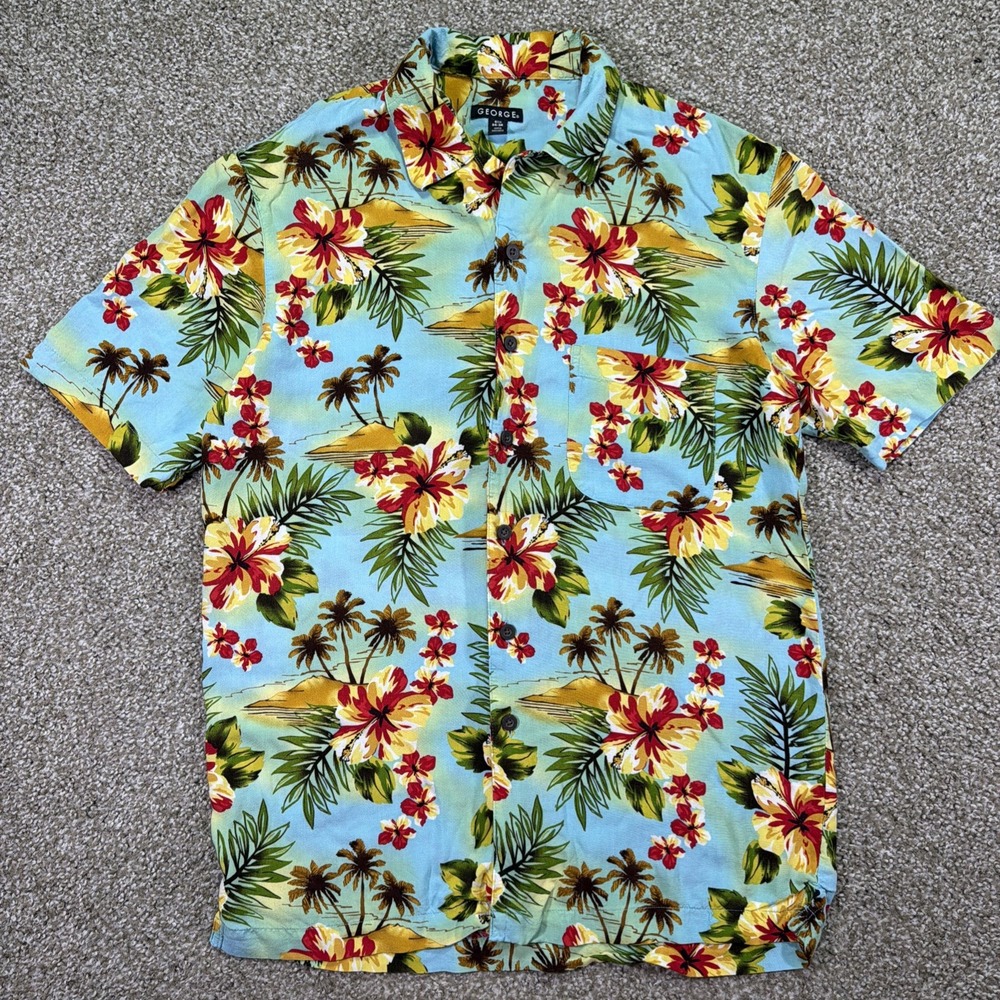 Vintage Rayon Hawaiian Button Up Pocket Polo Floral Size Small Men's